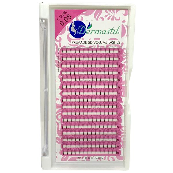 Dermastil 5D Premade Handmade Volume Eyelashes, C Curl, Thickness 0.05 mm, Ready Fan without Knots for Eyelash Extension, PBT, Vegan, 16 Strips Box (11 mm)