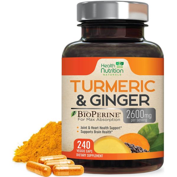 Health Nutrition Turmeric Curcumin 2600mg with Ginger & Black Pepper - 95% Standardized Curcuminoids, BioPerine for Max Absorption, Herbal Supplement for Joint Support, Tumeric Extract - 240 Capsules