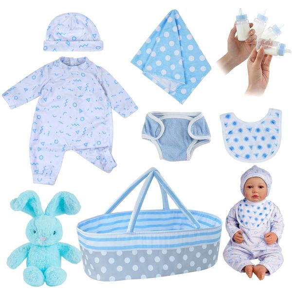 BABESIDE 8 Pcs Reborn Baby Doll Accessories with Bassinet for 17-22 Inch Baby Doll, Baby Doll Clothes Outfit Accessories fit Reborn Doll Newborn Boy