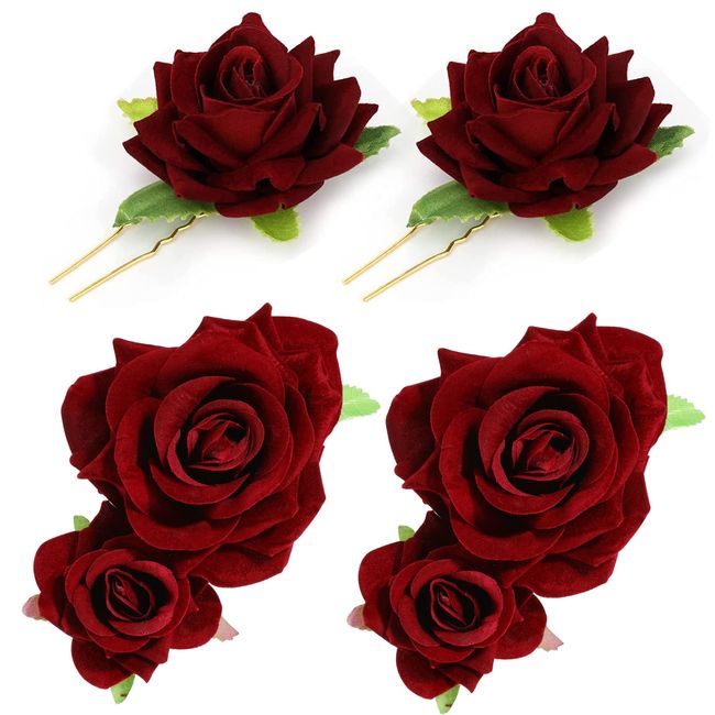 MWOOT Damen Rosen Haarschmuck Haarclips, 4 Stück Rot Blumen Kopfschmuck Haarspange, Blüten Haarnadel für JGA Hochzeitsfeier Flamenco Tanz Frauen Halloween Kostüme, Braut Haar Blumen Haarklammer Deko