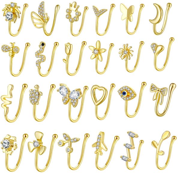 JDXN 24 PCS Fake Nose Rings Set Ear Clips Non Piercing Earrings Inlaid CZ Butterfly Non Piercing Jewelry Fake Nose Ring Spring Clip on Circle Hoop No Pierced Body Jewelry Set For Women