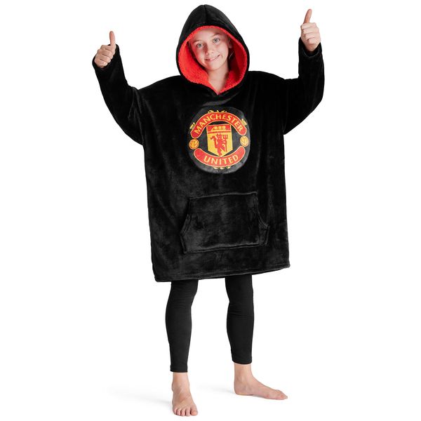 Manchester United FC Fleece Hoodie Blanket for Boys Teenagers One Size Kids Oversized Hoodie Man United Gifts for Boys (Black)