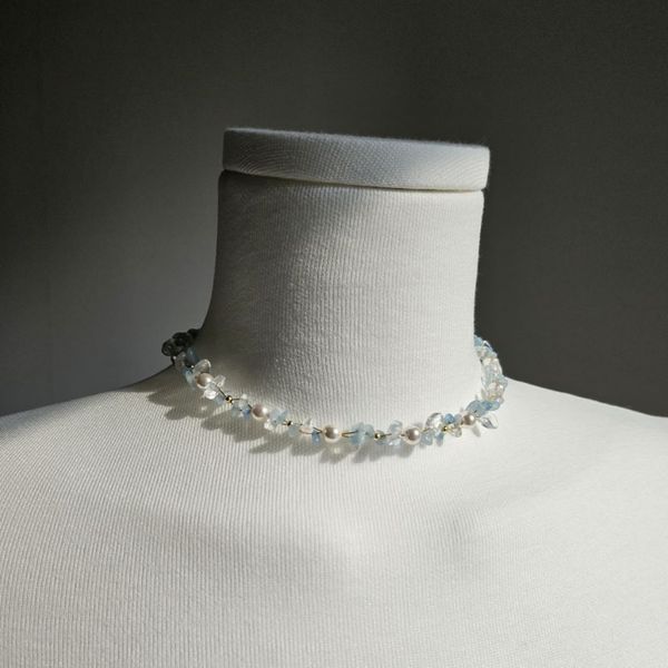 Choker necklace embracing the sea Aquamarine Clear Quartz Swarovski Pearl Necklace Surgical Steel