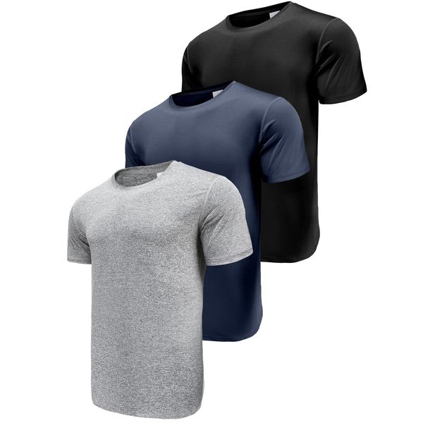 Herren 3er Pack Sport Tshirts Funktionsshirt Laufshirt Kurzarm T-Shirts UPF 50+ Schnelltrocknend Atmungsaktiv Sport Shirt Männer Sportshirt Herren Kurzarm Trainingsshirt Black/Navy/HGrey-3P13-M