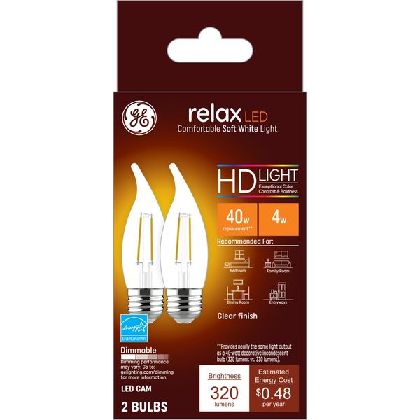 GE Relax LED Light Bulbs, 40 Watt, Soft White, Decorative Bulbs, Medium Base (2 Pack)