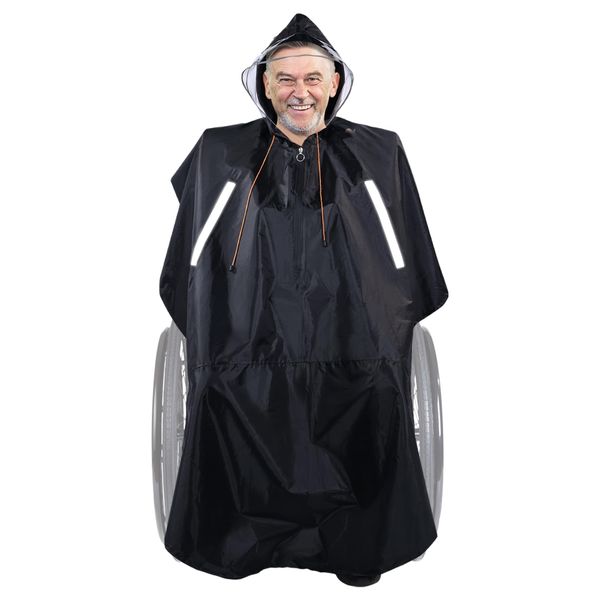 Wheelchair Poncho Rain Coat Protective Cover Adult with Semi-Transparent Hood and Waterproof Zipper, Unisex Rain Cape Windproof with Reflective Strips for Wheelchairs, Mobility and Electric Scooters