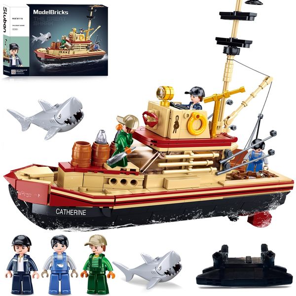 Sluban City Jaws Fishing Boat Building Sets with Shark Toys, Builder Boat Building Toys with 3 Fisherman Minifigures Suitable for Adult and Kids, Compatible with Lego Boat Ship, 592 PCS