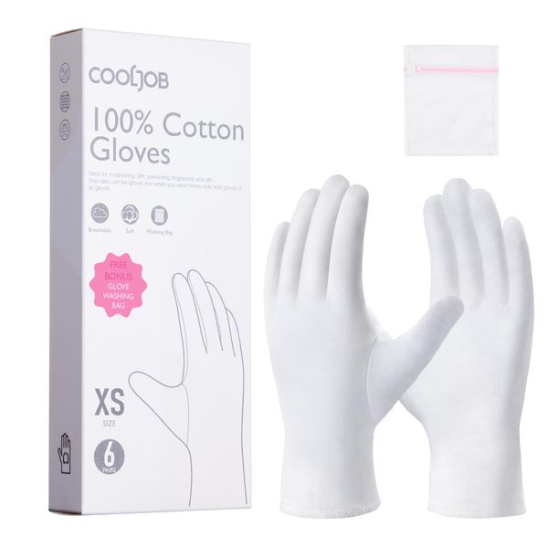 COOLJOB White Cotton Gloves for Women and Men, 6 Pairs Eczema Gloves with a Free Wash Bag, 100% Cotton Moisturising Protective Gloves for Dry Hands, Jewelry Inspection (6 Pairs, Size XS)