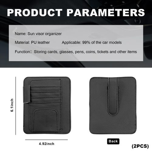 Dickno 2PCS Small Leather Car Sun Visor Organizer, Multifunctional Auto Visor Document Holder with Sunglasses Clip, Universal Car Interior Organizer for Drving License, Card, Pen (Black)