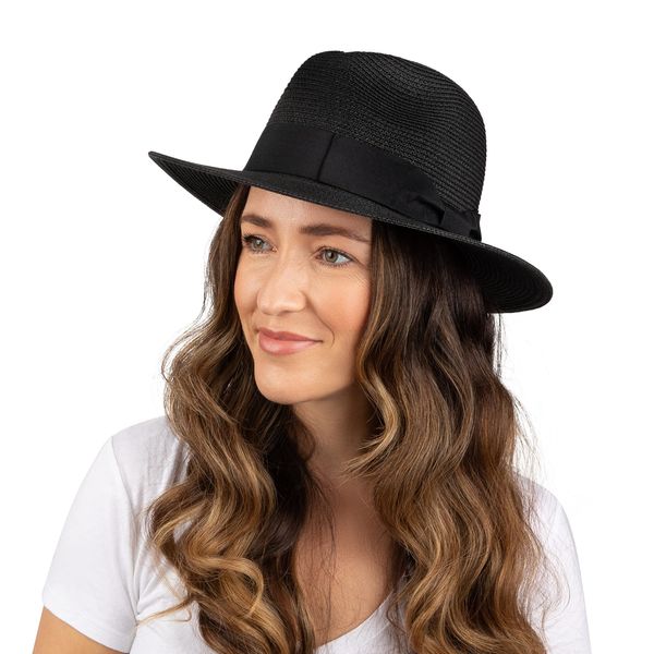 Women Fedora Sun Hat with Wide Brim—Foldable Roll-Up Straw Beach Hat UPF 50 Black