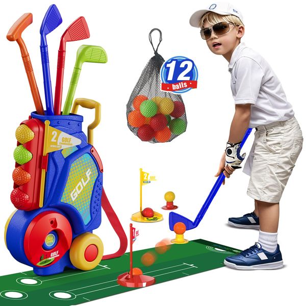 HYES Toddler Golf Set, Upgraded Kids Golf Clubs with 12 Balls, Putting Mat, Shoulder Strap, Indoor Outdoor Sport Toys Gift for Boys Girls, Blue