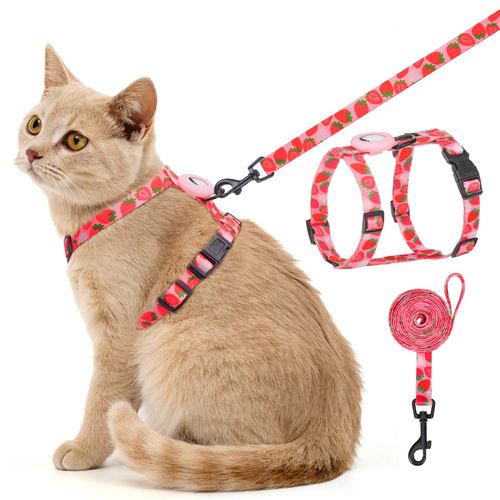 SCENEREAL Adjustable Cat Harness and Leash Set with AirTag Holder, Escape-Proof Design for Small to Large Cats, Lightweight Soft Travel Harness, Pink Strawberry