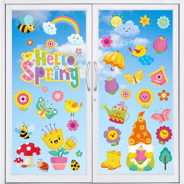 Whaline 111Pcs Spring Window Clings Stickers Hello Spring Flowers Butterfly Bees Birds Double-Sided Window Decals for Spring School Home Office Accessories Party Supplies Gifts, 9 Sheets