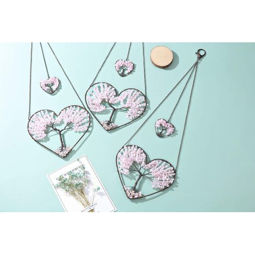 Jovivi Rose Quartz Heart Tree of Life Dream Catcher Hanging Ornament Bohemian Pink Double Hearts Tree of Life Crystal Window Car Wall Art Hanging Decorations for Home Bedroom Decor