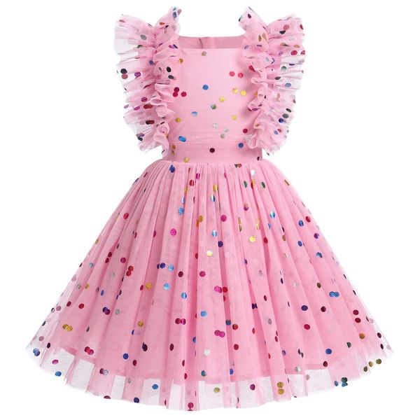 Flower Girls Sequin Polka Dot Tutu Dress for Kids Baby First Communion Birthday Party Wedding Dresses Toddler Princess Pageant Formal Baptism Ruffle Tulle Ball Gown Pink Dots - Kids Dress 5-6 Years