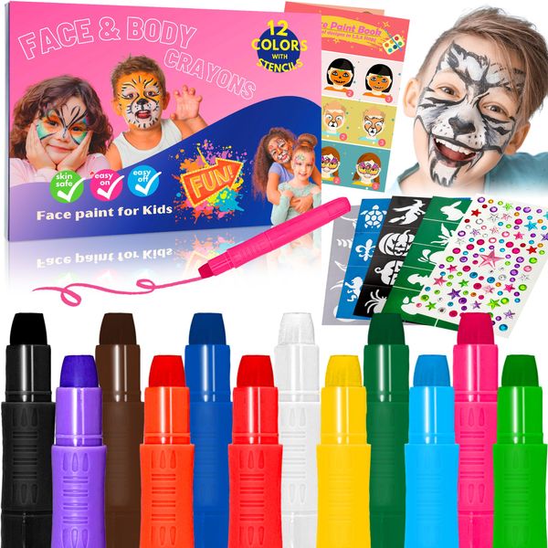 Yucoolili 18 PCS Face Paint Set, 12 Colours Paint Sticks, Body Crayons for Children, 4 Stencils, 1 Gem, Kids Face Paint Pretend Play, Face Painting Kit for Halloween, Carnival Party Makeup