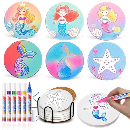 Paint Your Own Mermaid Coaster with Markers,Teens Arts and Crafts Kit,6 Absorbent Ceramic Tiles with Cork Base,DIY Painting Kit Mermaid Gifts for Women,Craft Enthusiasts All Ages,Seniors,Adults