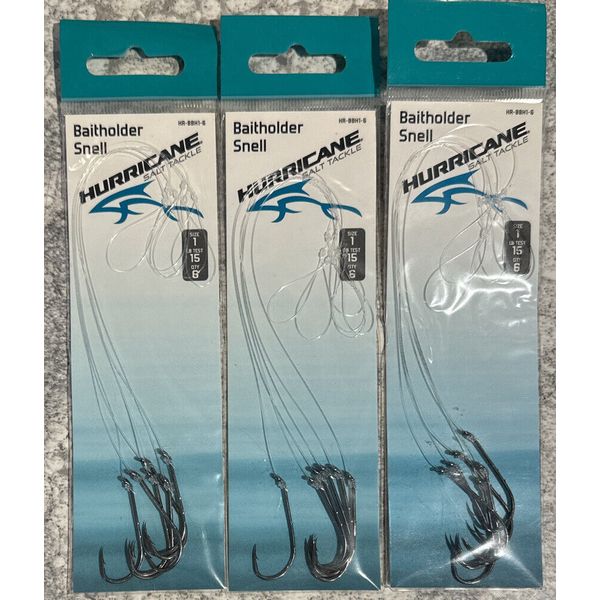 3 Packs Hurricane Snells Baitholder Hooks Size 1 15 LB