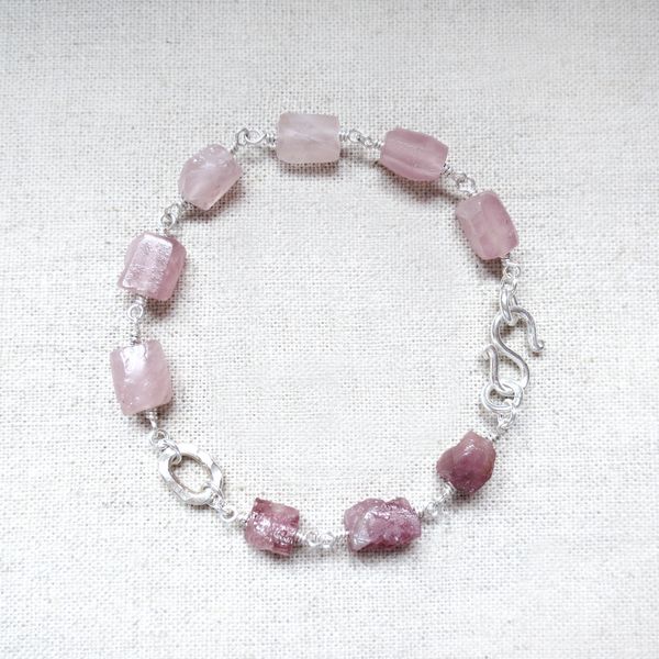 Rose Quartz Rubellite (Pink Tourmaline) Rough Cut Raw Stone Silver Bracelet