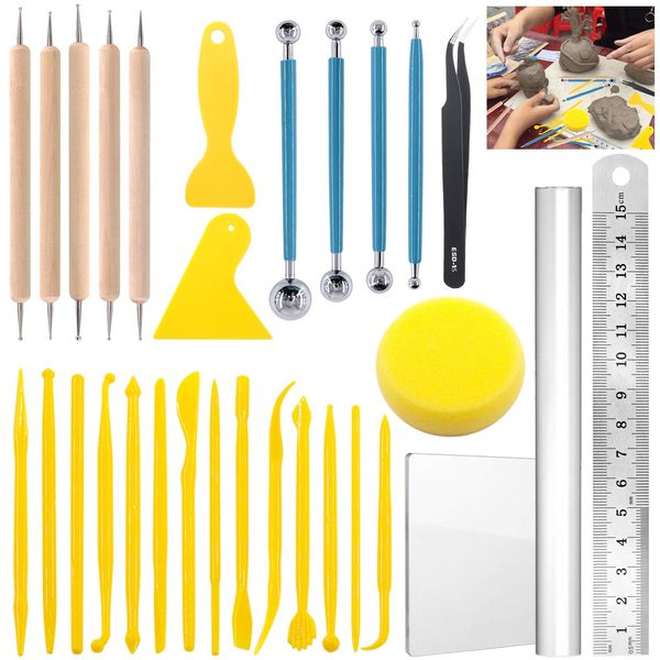 Glarks 30Pcs Carving Modeling Clay Sculpting Tools Set Including Plastic Crafts Clay Modeling Tools, Dual-End Dotting Clay Tools and Ball Stylus for Embossing Art, Coloring, Nail Art Painting