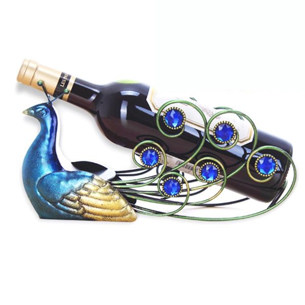 CdyBox Elegant Peacock Wrought Iron Wine Rack Single Bottle Tabletop Holder Creative Furnishing Articles Display