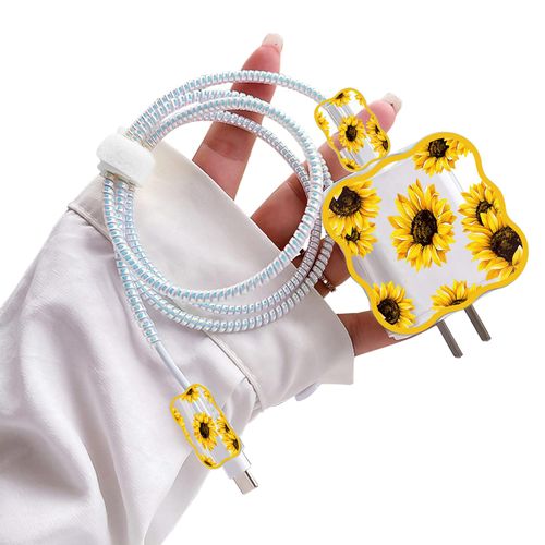 Flowers Wave Cable Protector for iPhone 18W/20W Adapter Charger, Pretty Sunflowers Design Cute Data Line Cable Wire Saver Phone Charging Protector for iPhone Charger-Yellow
