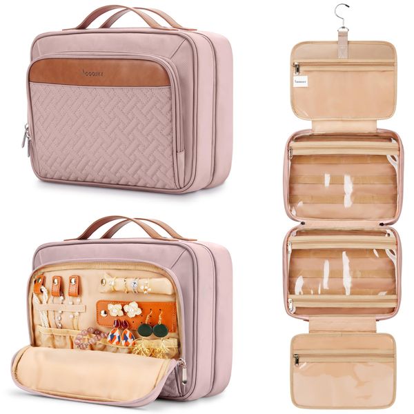 Travel Hanging Toiletry Bag for Women, with Jewelry Organizer Compartment, Medium Waterproof Hanging Makeup Accessories, Cosmetic Essentials, Toiletries Dopp Kit Set with Trolley Belt, Baby Pink