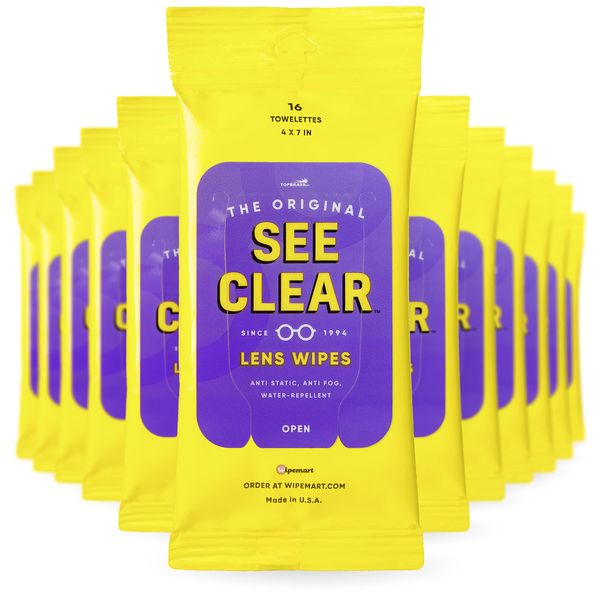 See Clear Original Lens Cleaning Wipes - Pre-Moistened Eyeglass & Screen Cleaning Cloth Towelettes - Streak Free, Scratch Free Lens & Electronic Screen Cleaner - 12 Resealable Packs of 16 (192 Wipes)