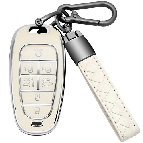 TOGAFEY for Hyundai Key Fob Cover with Keychain Soft TPU Car Key Case Holder 360 Degree Protection for 2019-2024 Hyundai Palisade Sonata Santa fe Tucson 7 Buttons Smart Key(B White)