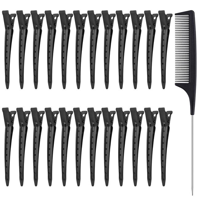 24pcs Hair Sectioning Clips with Styling Comb, 3.5 Inches Duckbill Hair Clips Metal Crocodile Hairdressing Curl Clips