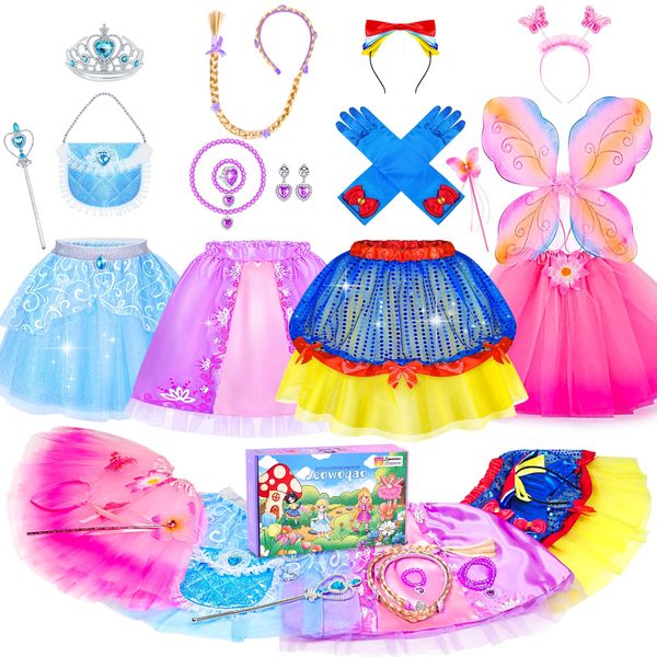 Jeowoqao Princess Dress Up for Girls, Princess Fairy TuTu Skirts Toddler Princess Dress Up Pretend Play Set with Princess Crown Gloves Costumes for Girls 3-6 Birthday Christmas Gift