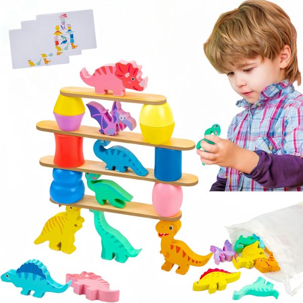 Montessori Dinosaur Toys for 3 4 5 Year Old Kids, Wooden Blocks Stacking Sorting Toys Balance Games, Toddler Dinosaur Toys for 3-5 Preschool, Educational Gift for Boys Girls Birthday Christmas