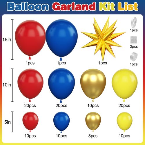 Red Yellow Blue Balloons Garland Kit, Carnival Circus Balloon Arch with Blue Red Yellow Metallic Gold Balloons for Baby Shower Birthday, Gender Reveal Carnival, Superhero, Video Game Themed Party