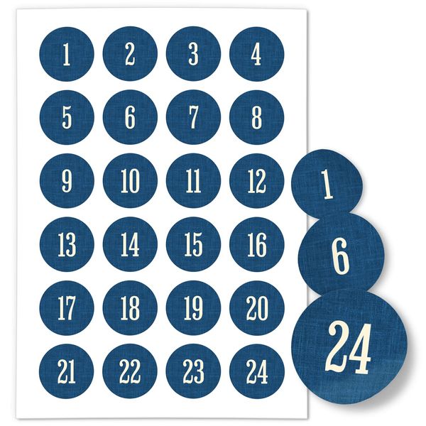 Adventskalender-Zahlen Aufkleber 1 bis 24 / Schlicht auf Blau/Etiketten/Sticker/Weihnachtskalender/Advent/Rund/DIY/zum Aufkleben