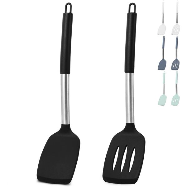 Cooptop Pack of 2 Silicone Spatula Set - Non Stick Silicone Slotted Turner and Solid Turner - 600°F Heat Resistant Cooking Utensils (Black)