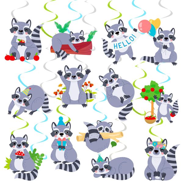 20pcs Raccoon Theme Hanging Swirls Woodland Birthday Party Decorations Raccoon Party Hanging Foil Whirls Ceiling Streamers Decoration for Woodland Theme Birthday Party Forest Animal Party Supplies