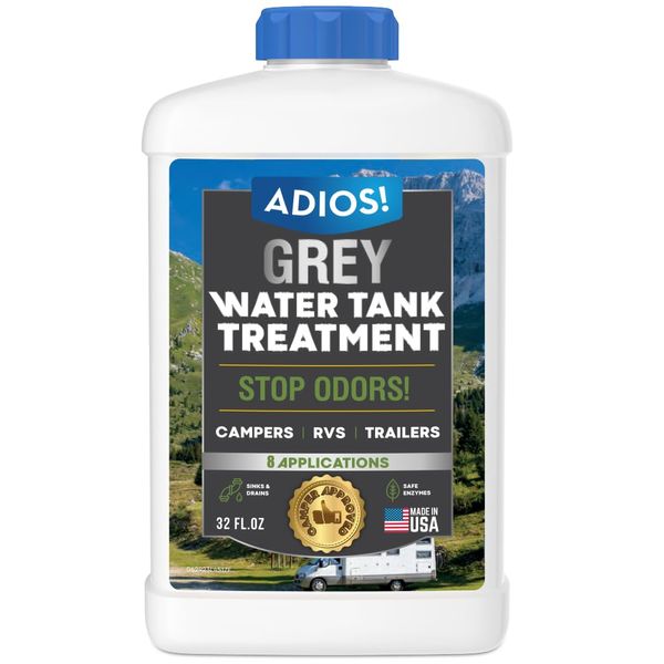 Adios! RV Grey Water Tank Treatment and Cleaner, Enzyme Deodorizer for Sink Drains for Camper Gray Tanks