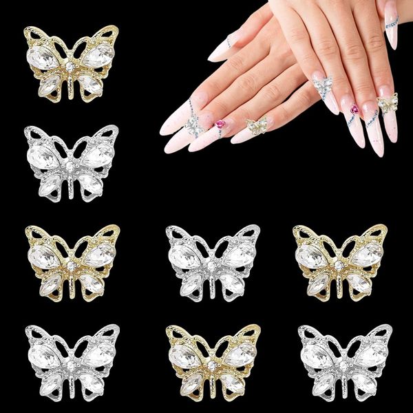 3D Butterfly Nail Charms for Acrylic Nails, 12PCS Silver Gold Butterflies Nail Decoration With Gems and Rhinestones, Y2K Nail Art Accessories, Nail Decoration Kits for Women (Rhinestone)