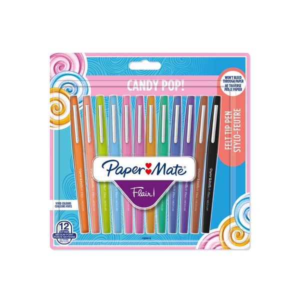 Paper Mate Flair Felt Tip Pens | Medium Point (0.7mm) | Assorted Candy POP Colours | 12 Count