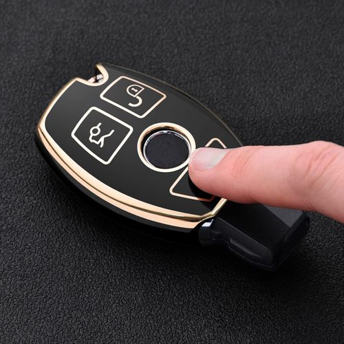 ELOHEI for Mercedes Benz Key Fob Cover, Premium Soft TPU Key Case Cover Compatible with Mercedes Benz C E S M CLS CLK G Class Keyless Smart Key Fob (Gold Edge Black)