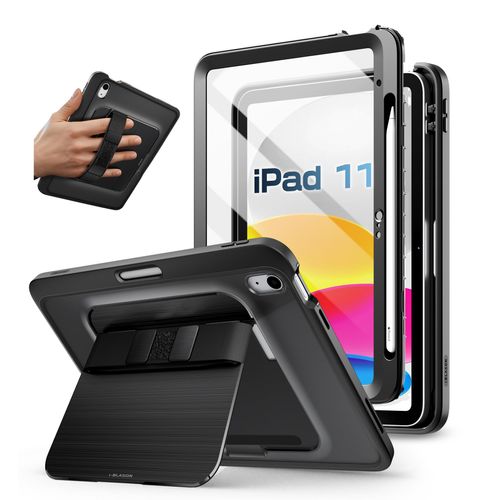 i-Blason Grip for iPad A16 11th Generation Case 11'' 2025/ iPad 10th Generation Case [Hand Strap] [Screen Protector] [Metal Stand & Pencil Holder] Full-Body Rugged Bumper Protective Cover (Black)