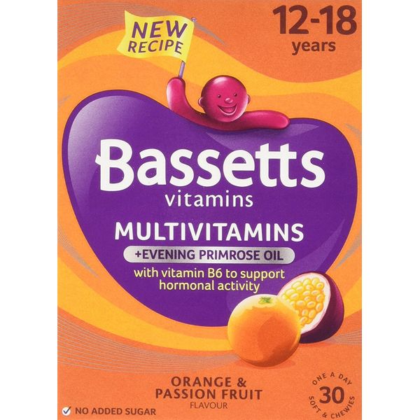 Bassetts Oil Orange and Passion Fruit Flavour 12-18 Years Evening Primrose Soft and Chewy Multivitamins - Pack of 3, Total 90