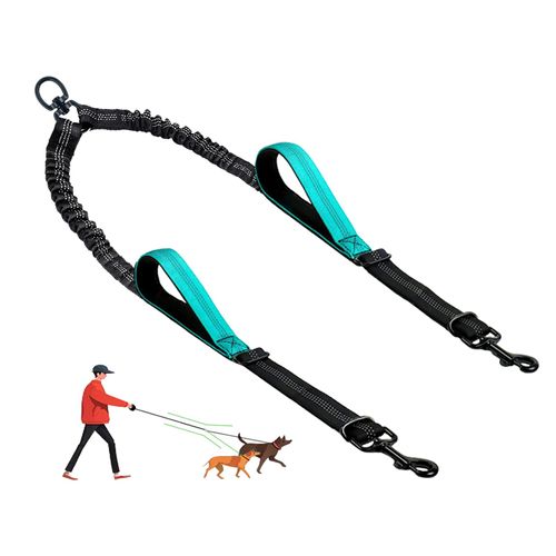 LEOSASA Double Dog Leash - No Tangle Splitter for Two Dogs, Coupler with Adjustable Long Lead Rope, Dual Control Handles, Retractable No Pull Bungee, Walk Train Small Medium Large 2 Pets (Blue)