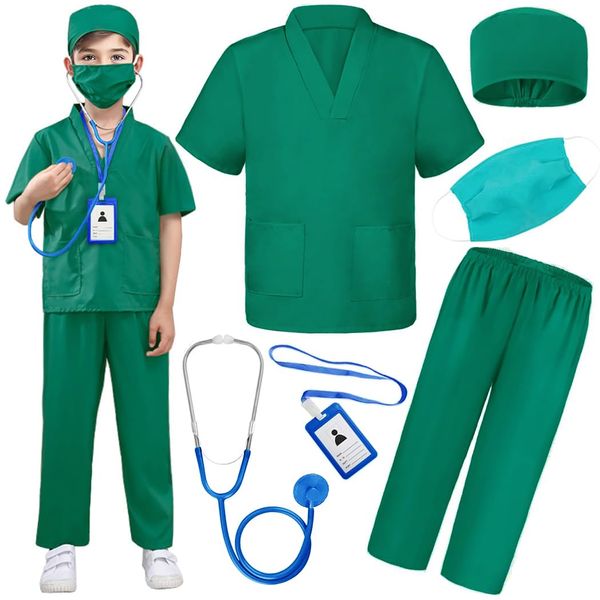 Doctor Nurse Scrubs, Kids Role Play Doctor Costume With Realistic Accessories for Boys Girls Ages 3-12(Doctor Scrubs, Dark Green/5-7T)