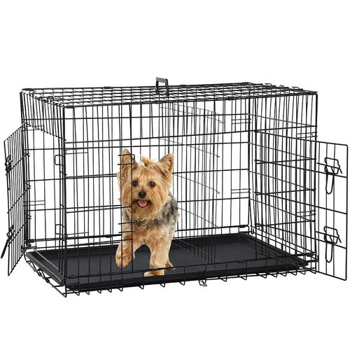Folding Dog Crate 36" Metal Portable Outdoor Double Door Wire Large Cat Pet Dog Cage Kennel with ABS Tray LC & Divider, Black