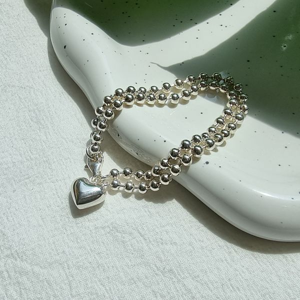 925 silver plump heart silver ball two-line chain women&#39;s silver bracelet