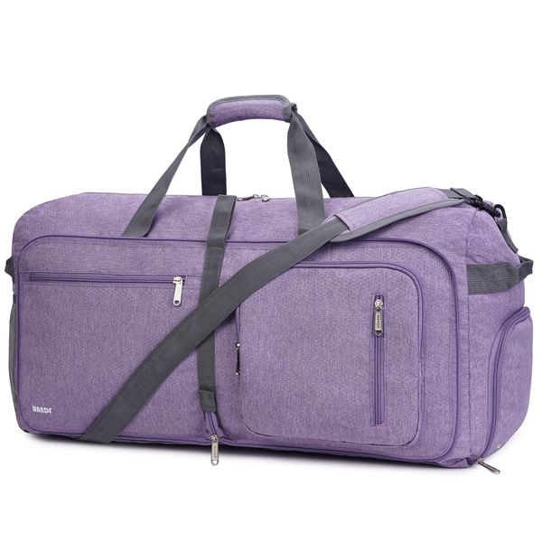 WANDF Travel Duffel Bag 85L with Shoes Compartment Foldable Overnight Weekender Bag Carry On Bag for Men Women (Purple)