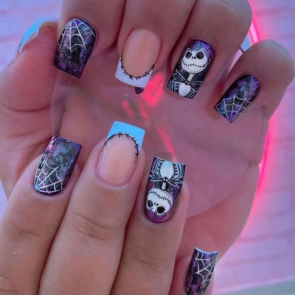 Halloween Fake Nails Medium Square MABKJLF French Press on Nails White Spider Web Full Cover Nightmare Before Christmas Nails Glossy False Nails Artificial Acrylic Nails for Women Girls 24 Pcs