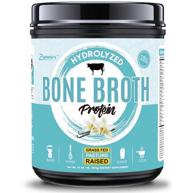 Bone Broth Protein Powder Vanilla 16oz, Grass Fed,Hydrolyzed Collagen Peptides