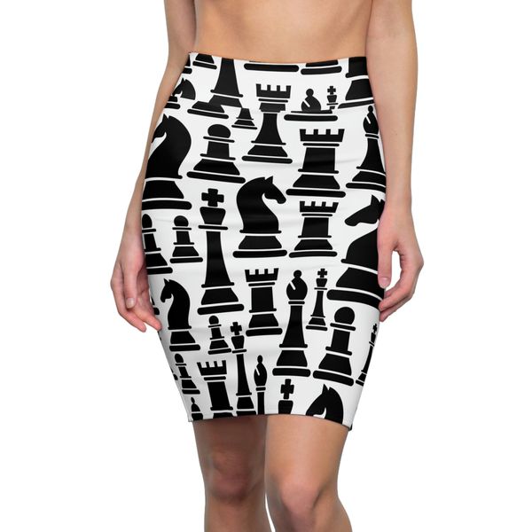 High Waist Womens Pencil Skirt - Contour Stretch, Black and White Chess Print - M / 4 oz.